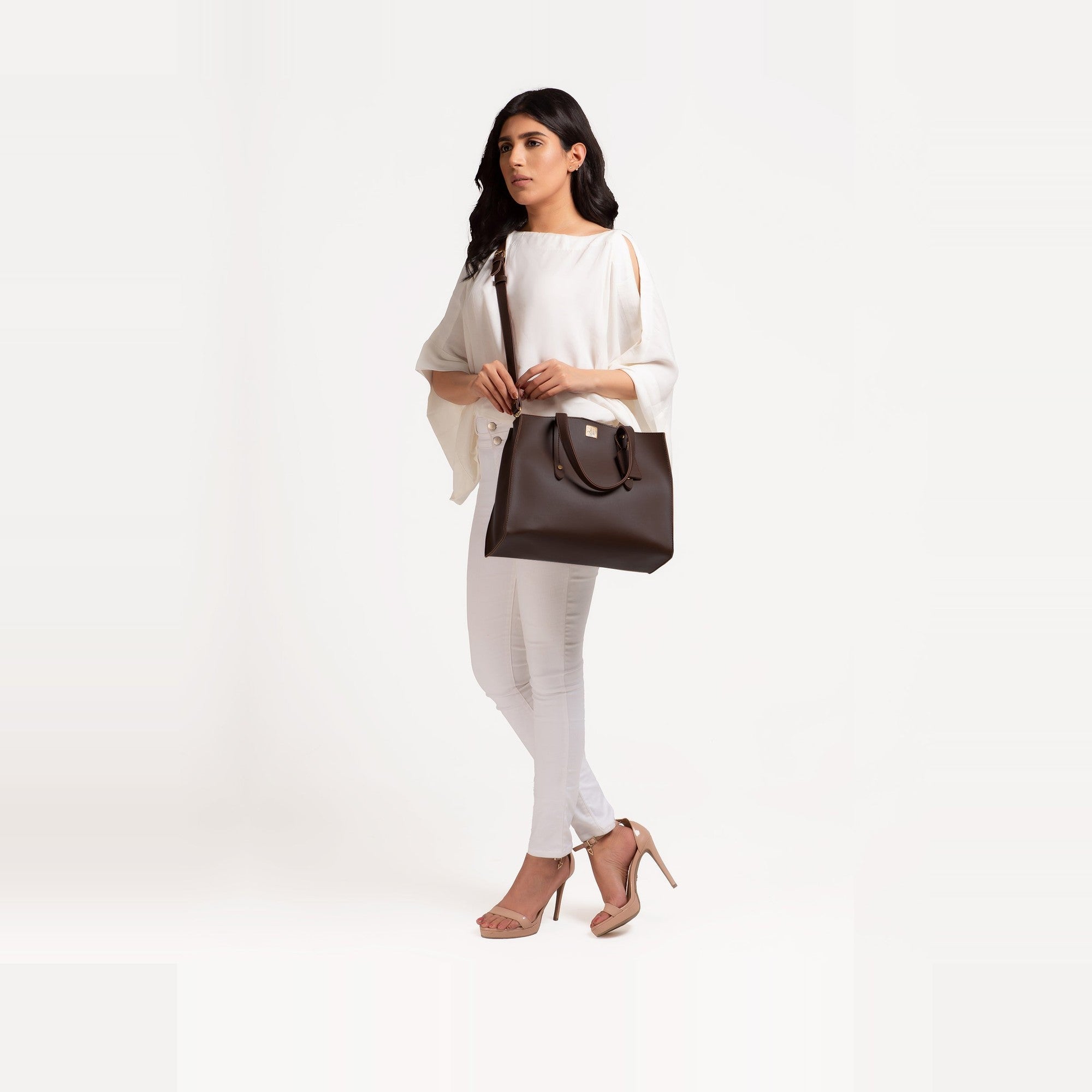 Dark brown multi compartment satchel bag