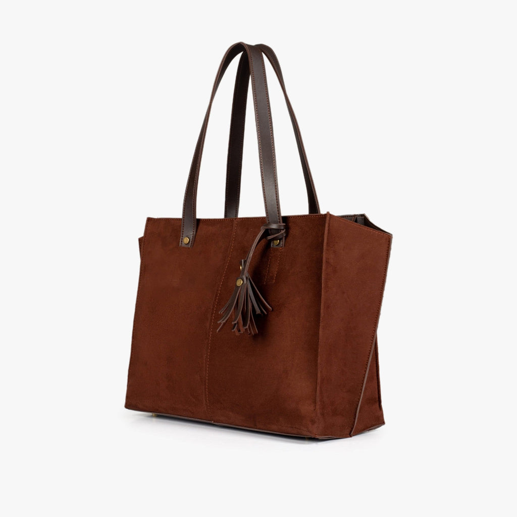 Dark brown suede over the shoulder tote bag