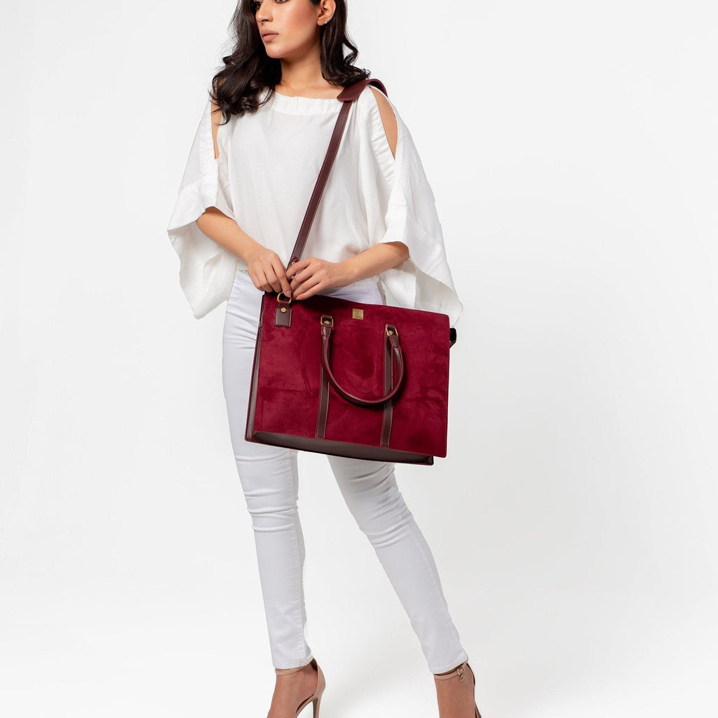 Burgundy suede laptop bag
