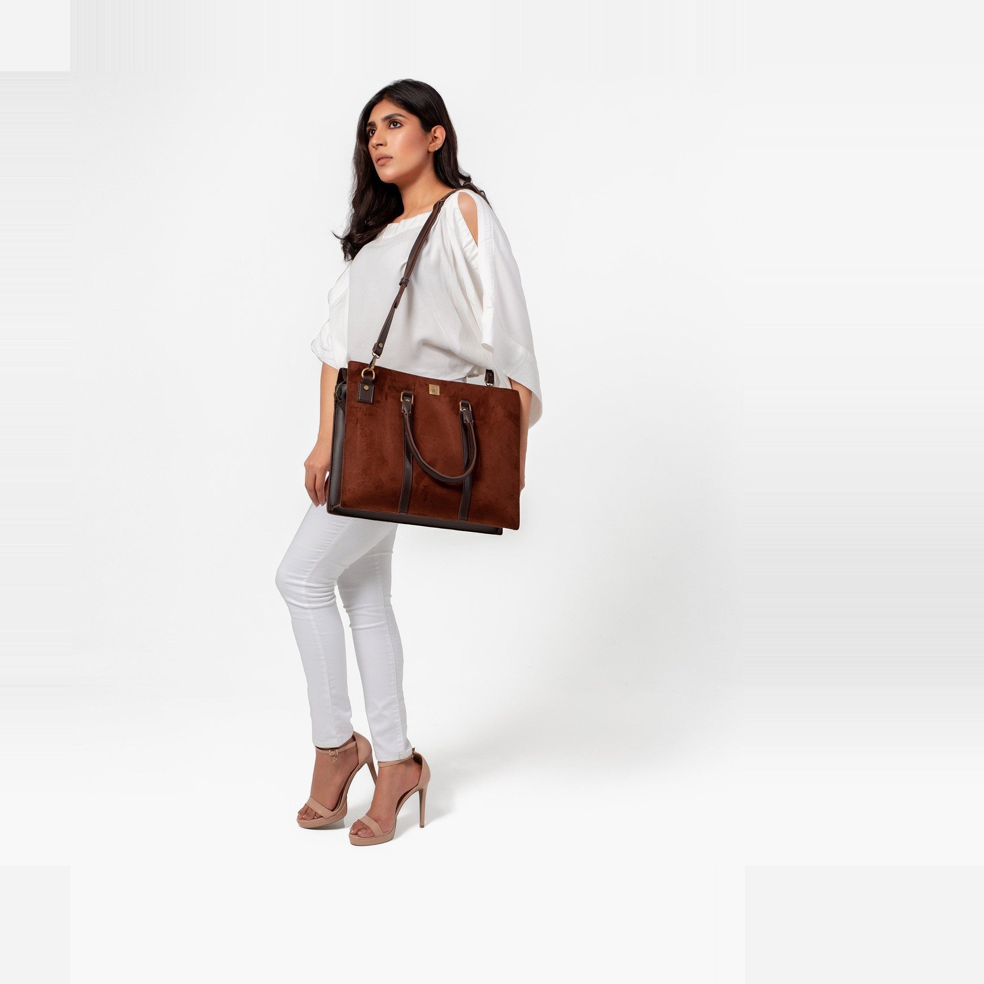 Dark brown suede laptop bag
