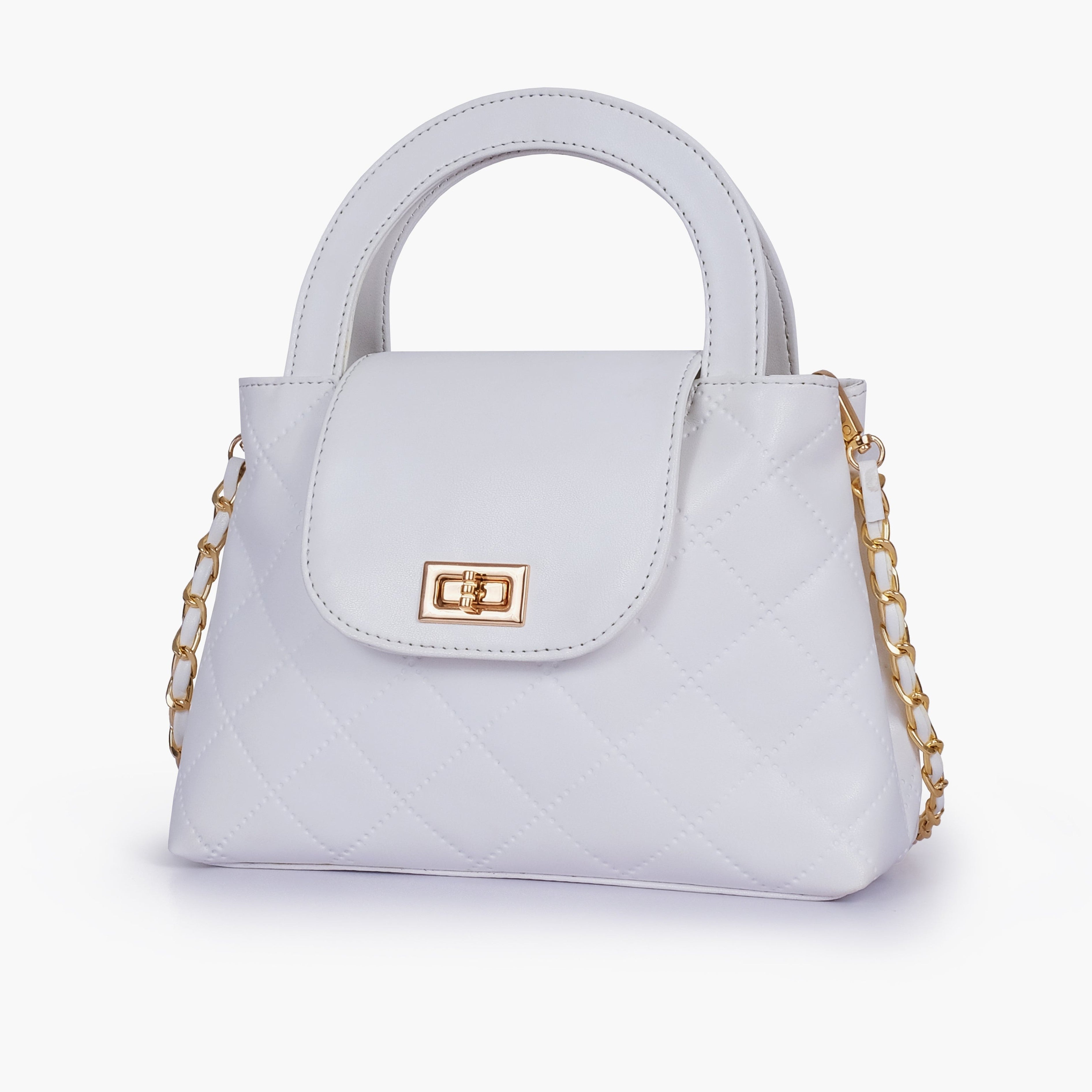White flap quilted bag with top handle
