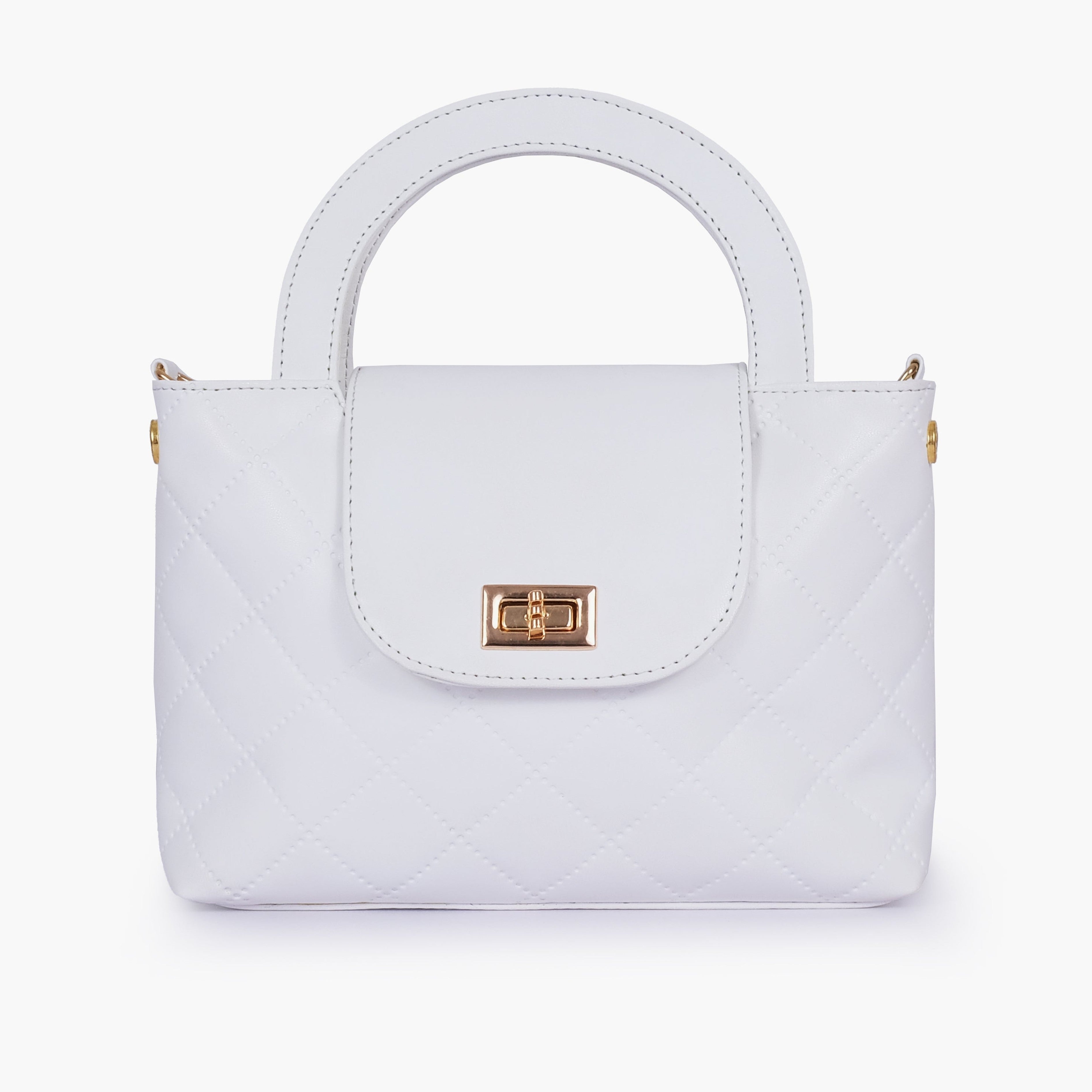 White flap quilted bag with top handle