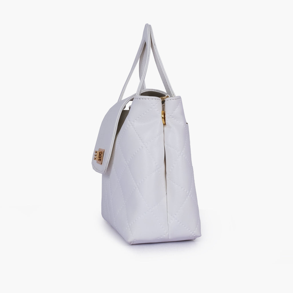 White flap quilted bag with top handle