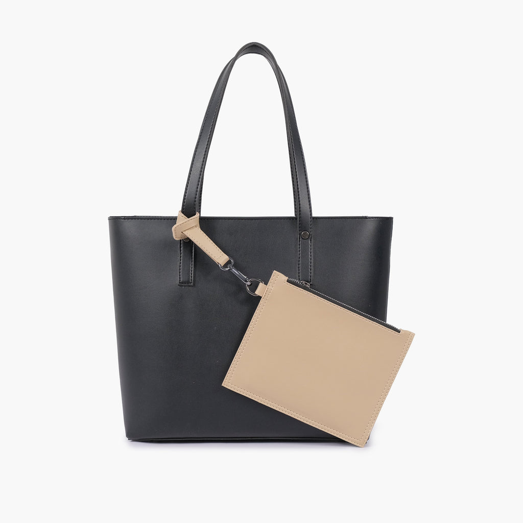 Black tote bag with detachable pouch
