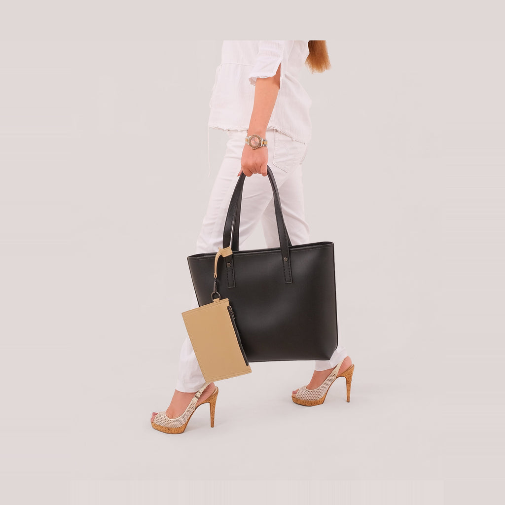 Black tote bag with detachable pouch