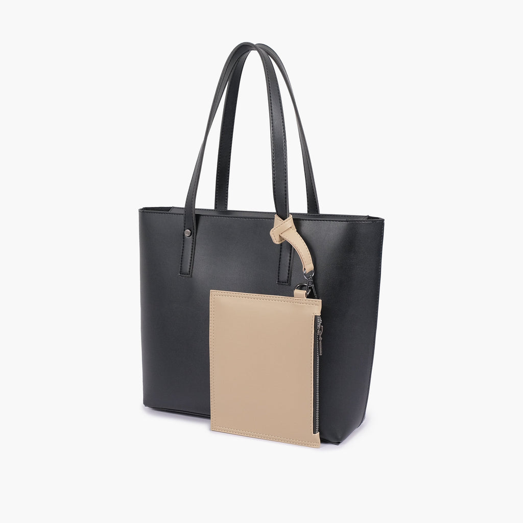 Black tote bag with detachable pouch