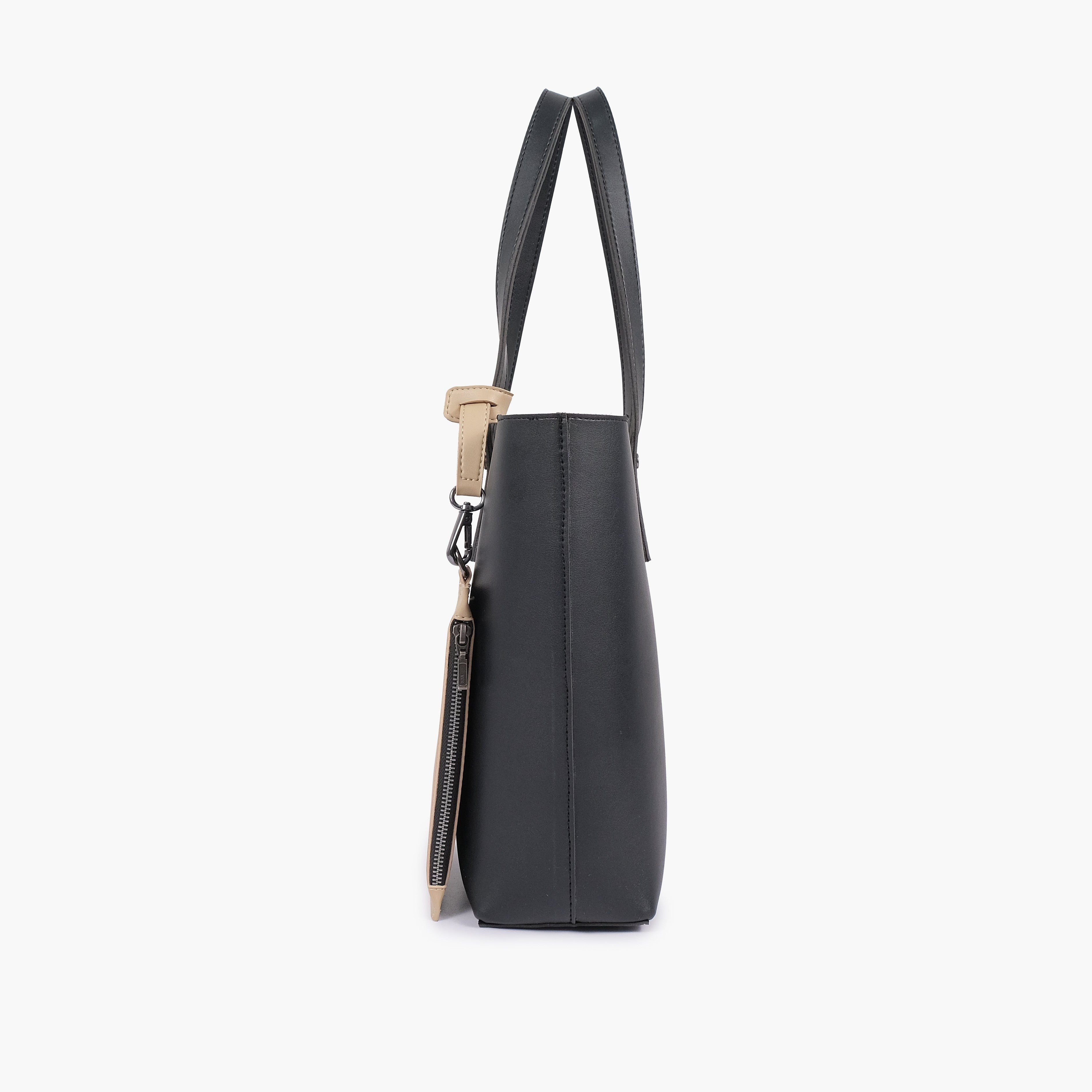 Black tote bag with detachable pouch
