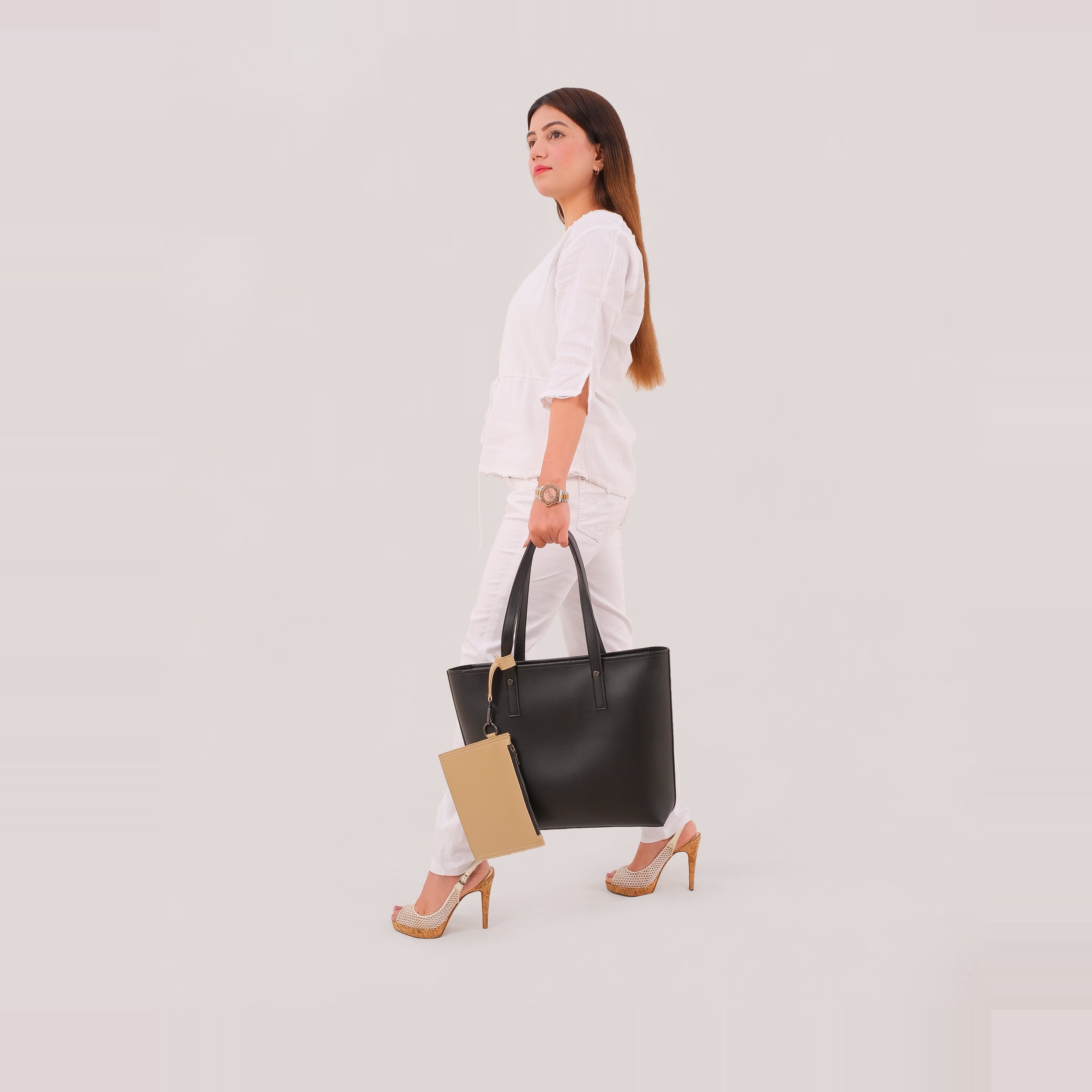 Black tote bag with detachable pouch