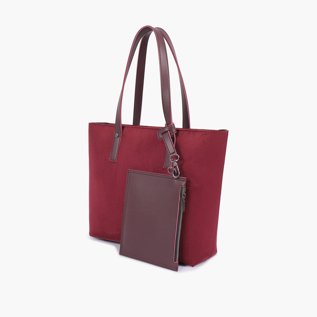 Burgundy suede tote bag with detachable pouch