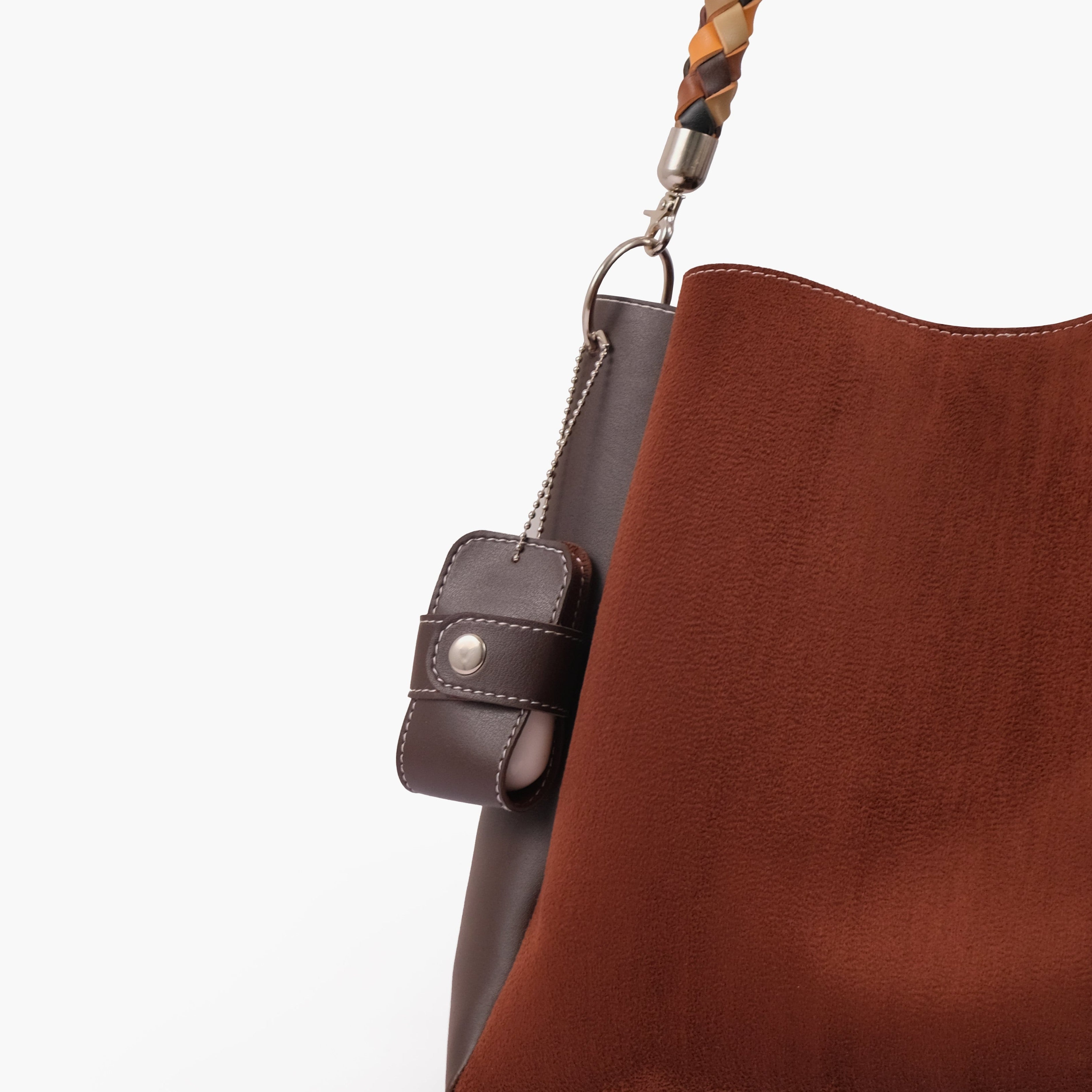 Dark brown suede handbag with braided handle