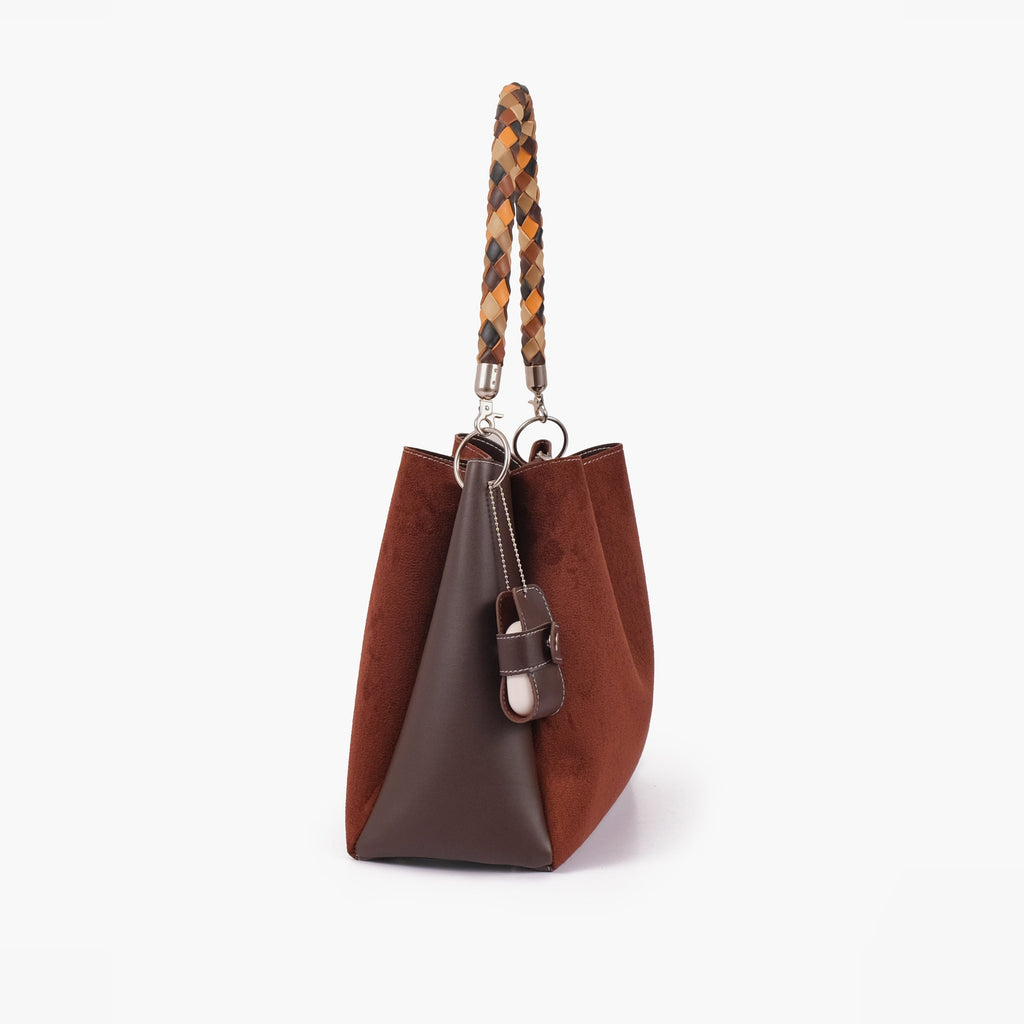 Dark brown suede handbag with braided handle