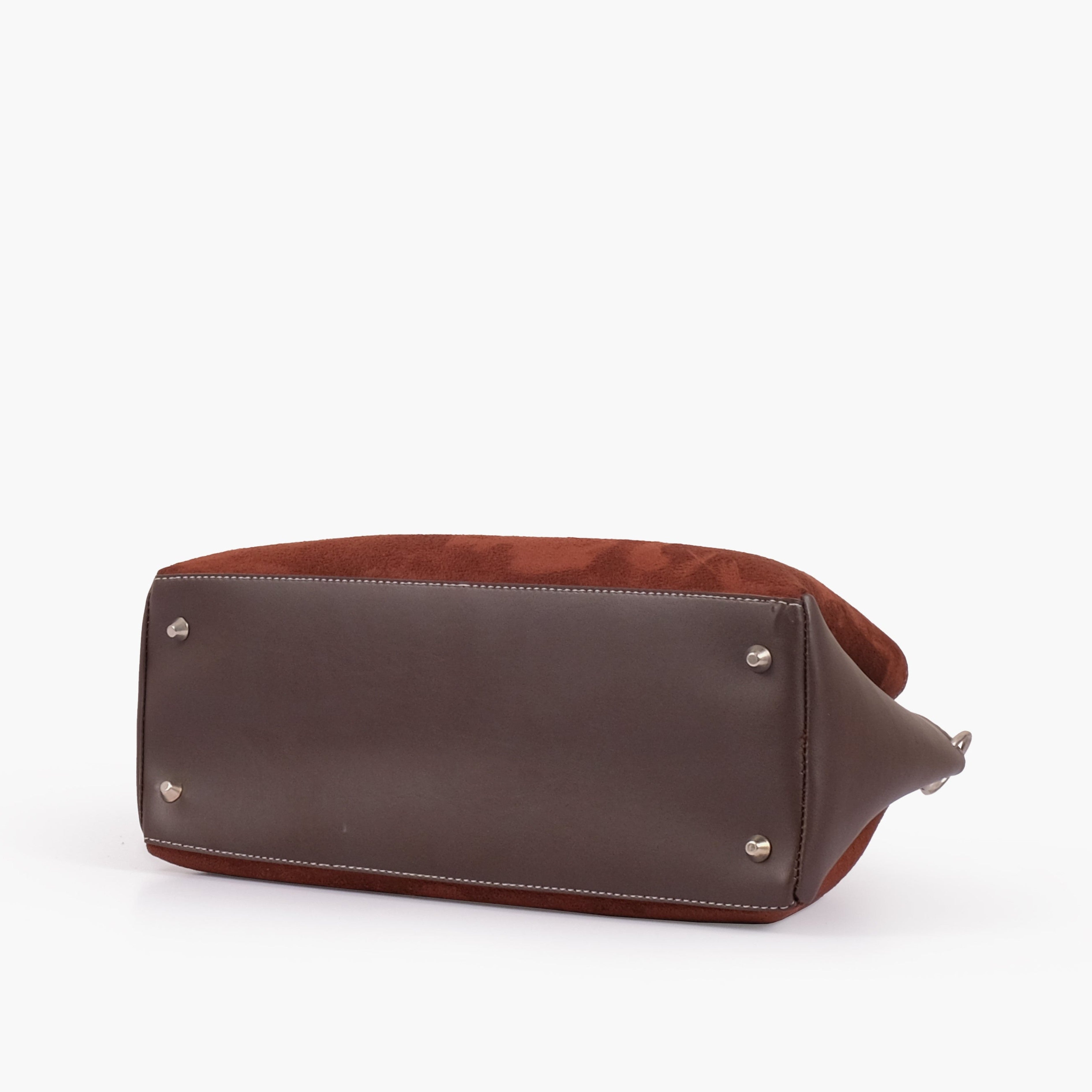 Dark brown suede handbag with braided handle