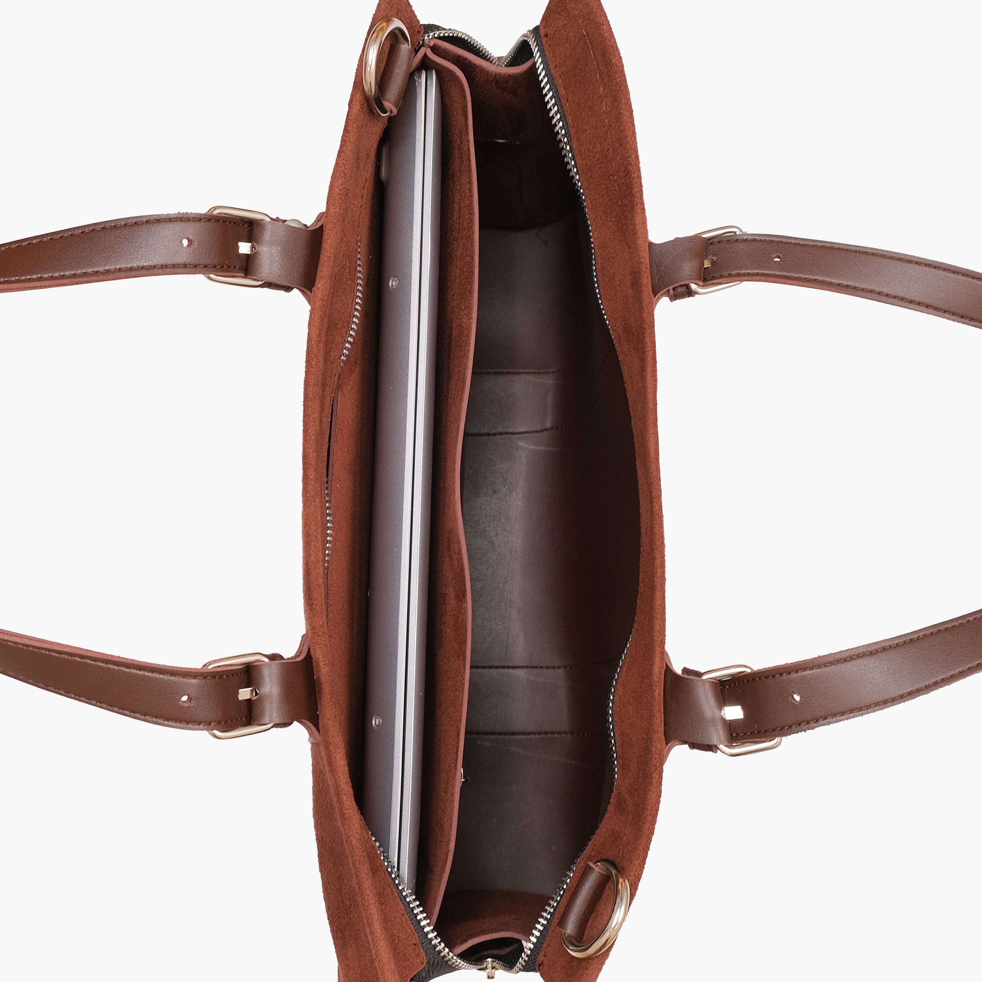 Dark brown suede laptop bag with sleeve