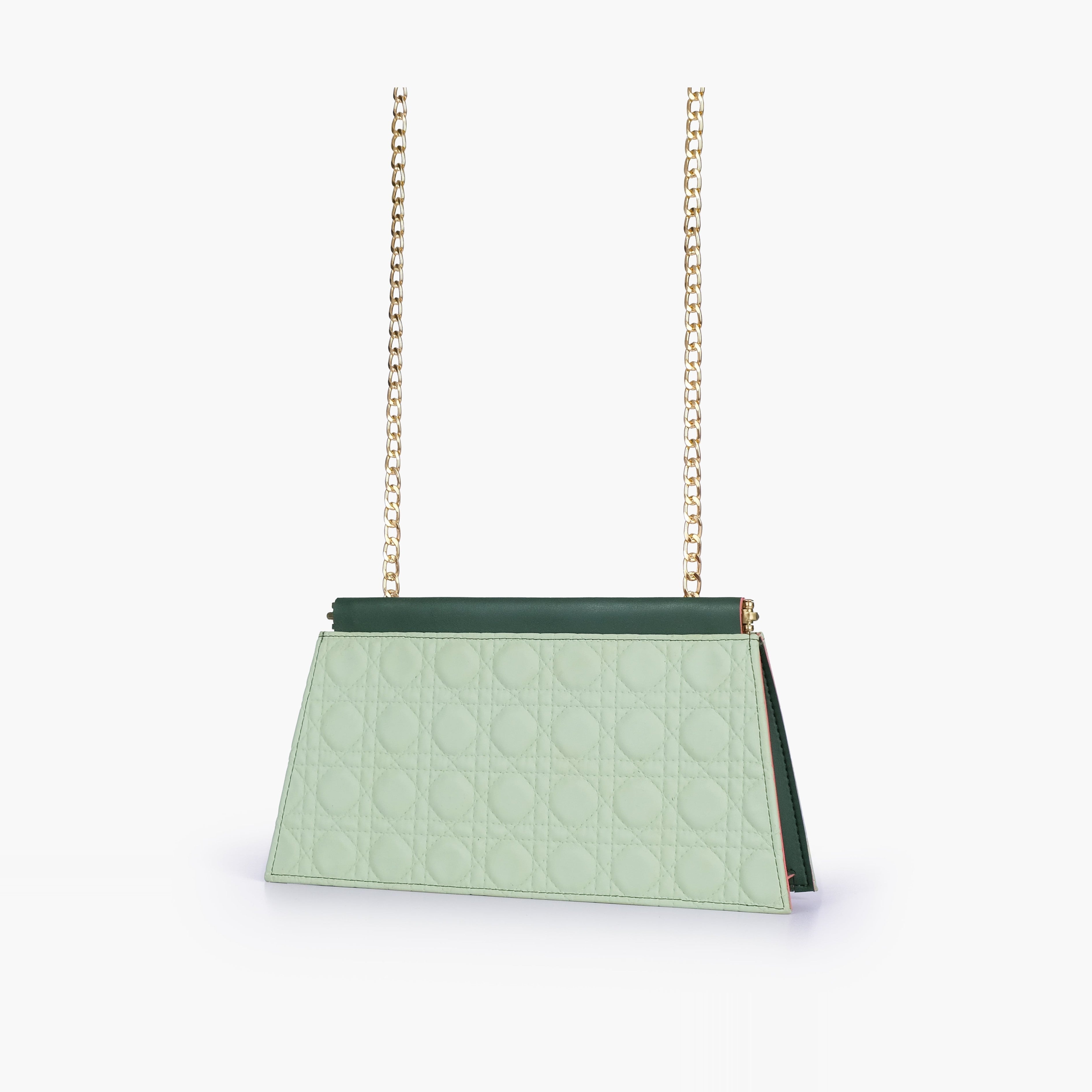 Army green quilted evening clutch with snap closure