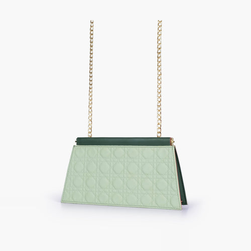 Army green quilted evening clutch with snap closure