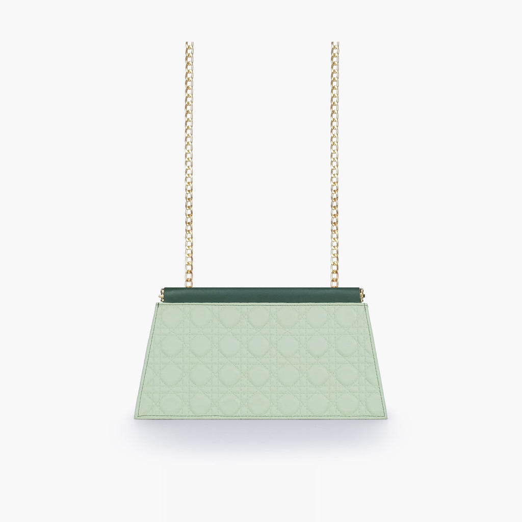 Army green quilted evening clutch with snap closure