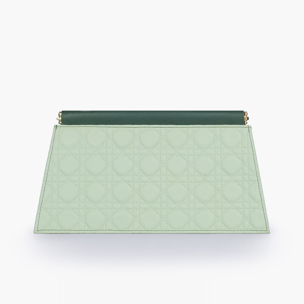 Army green quilted evening clutch with snap closure
