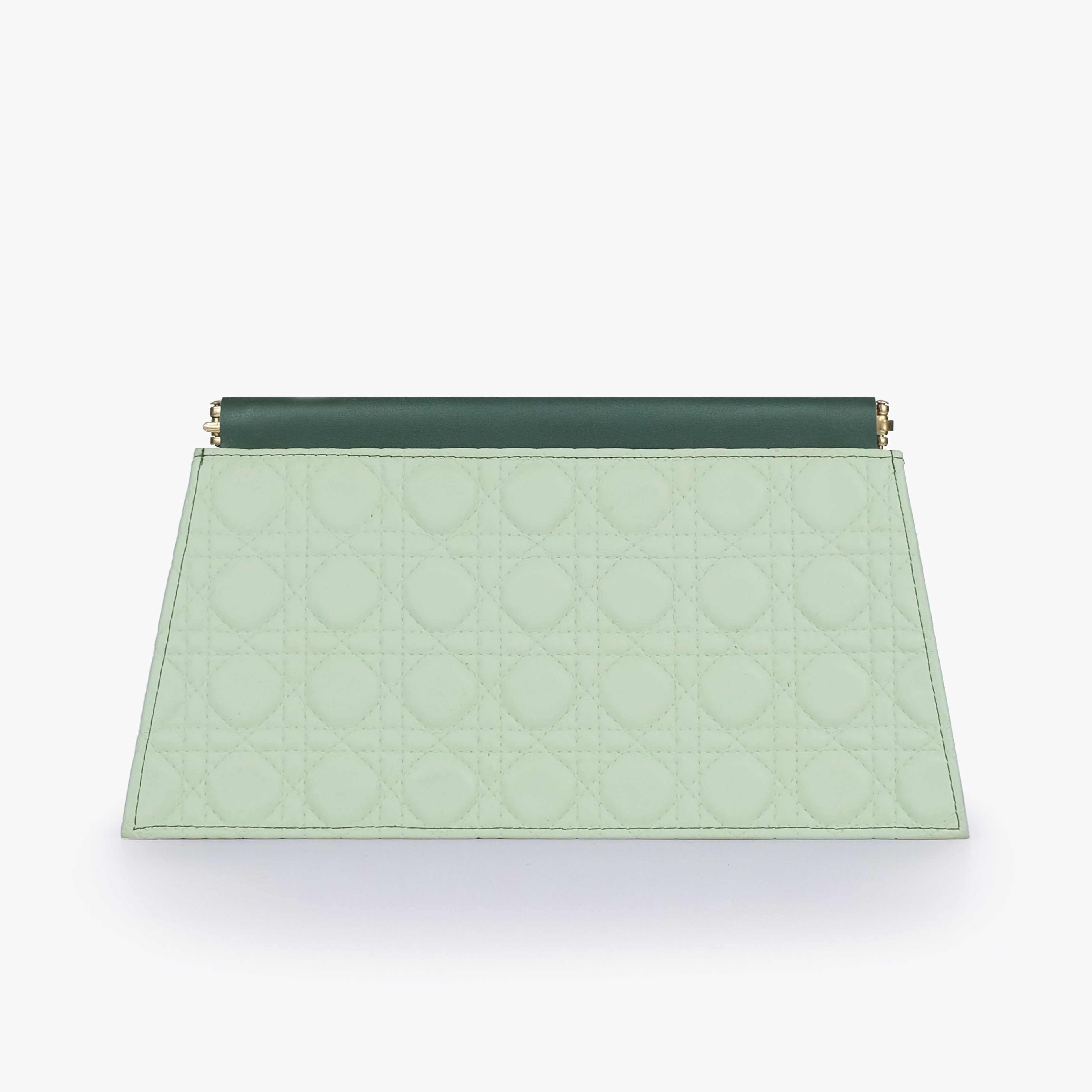 Army green quilted evening clutch with snap closure