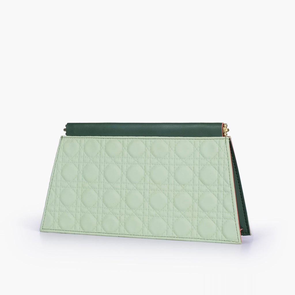 Army green quilted evening clutch with snap closure
