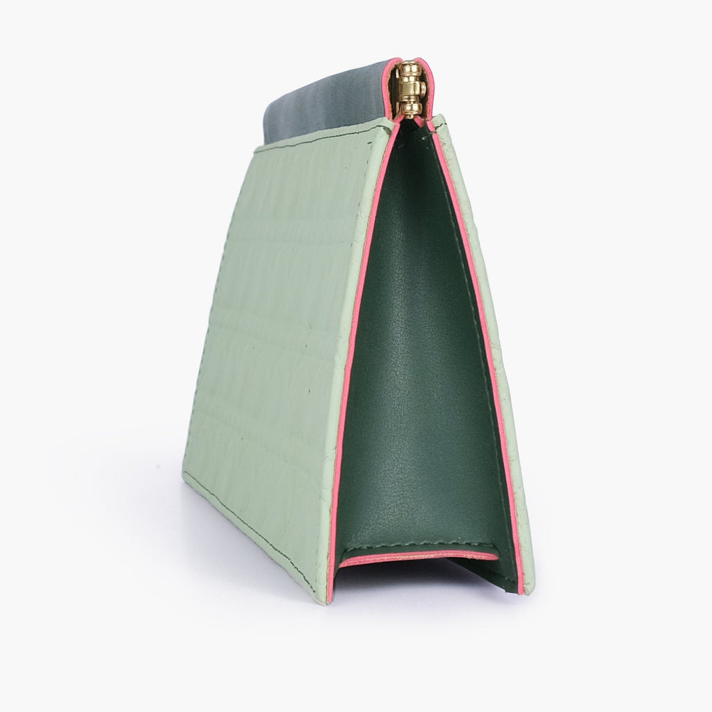 Army green quilted evening clutch with snap closure