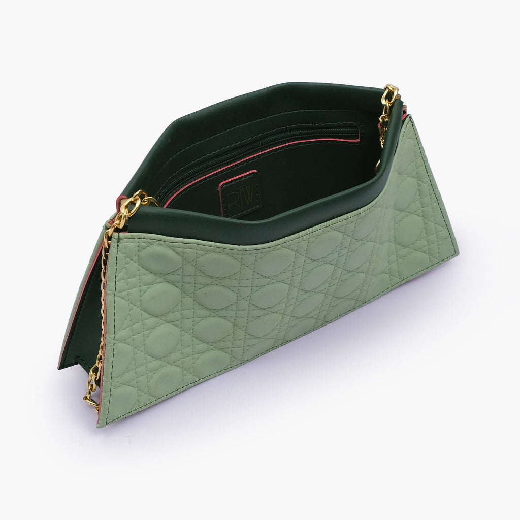 Army green quilted evening clutch with snap closure