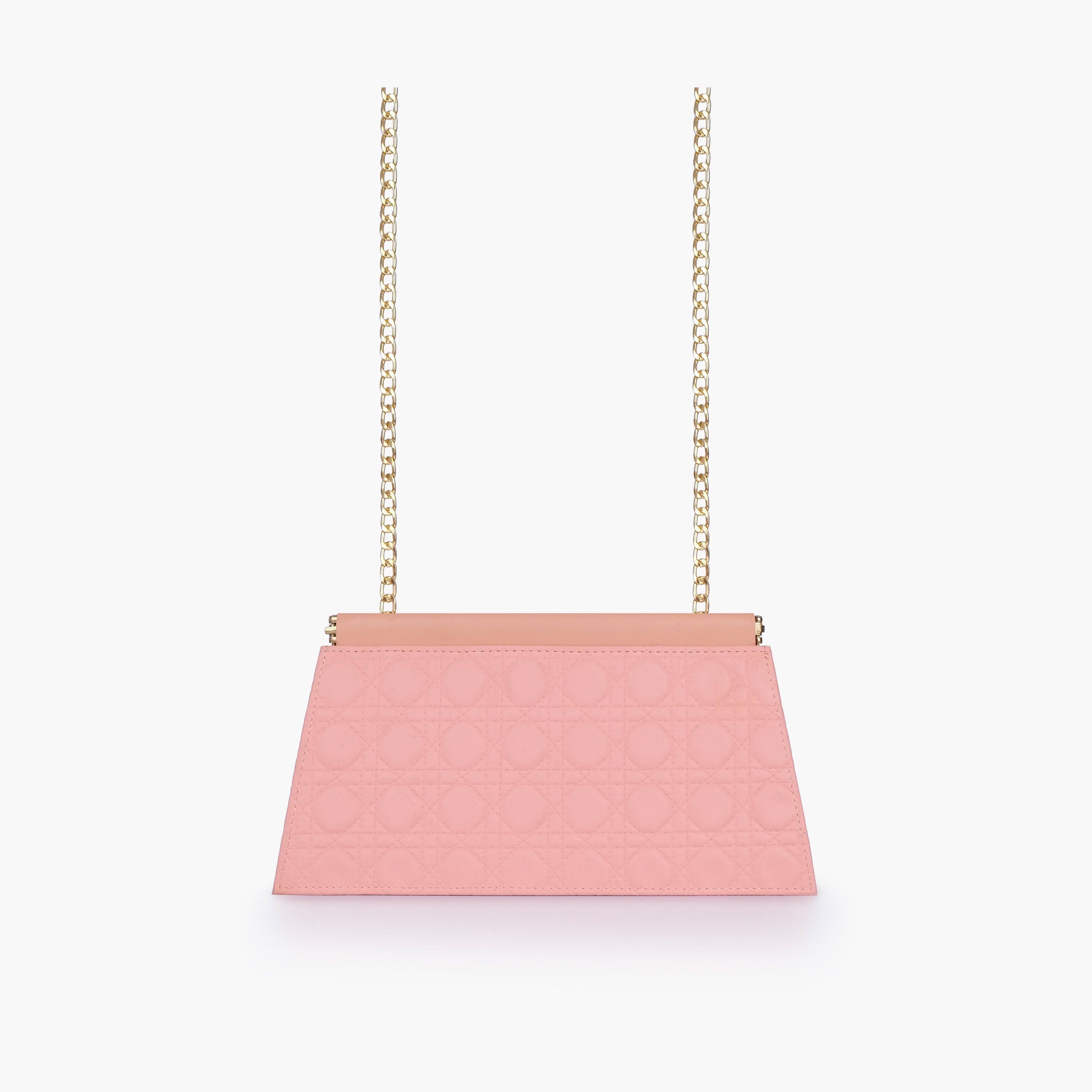 Peach quilted evening clutch with snap closure