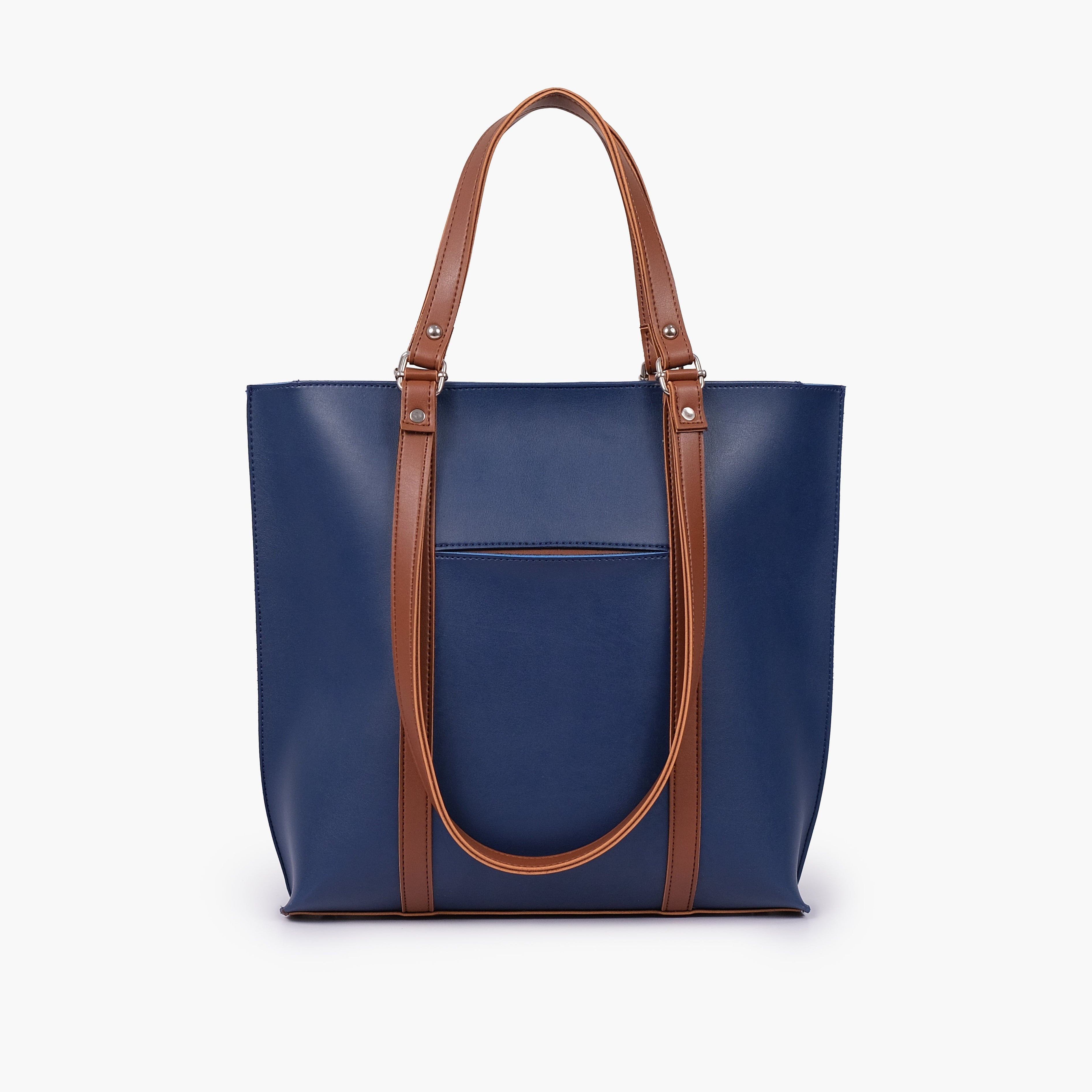 Blue and brown double-handle tote bag