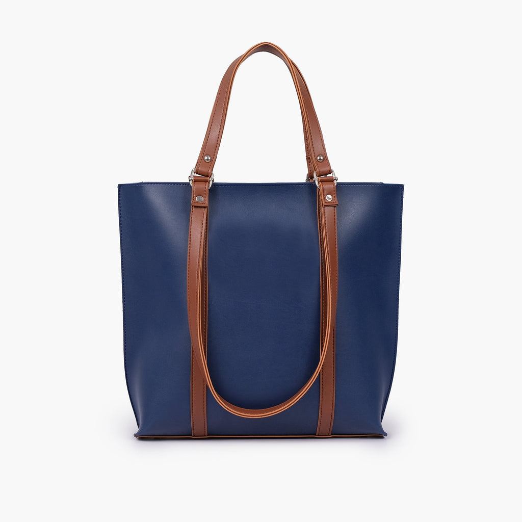 Blue and brown double-handle tote bag