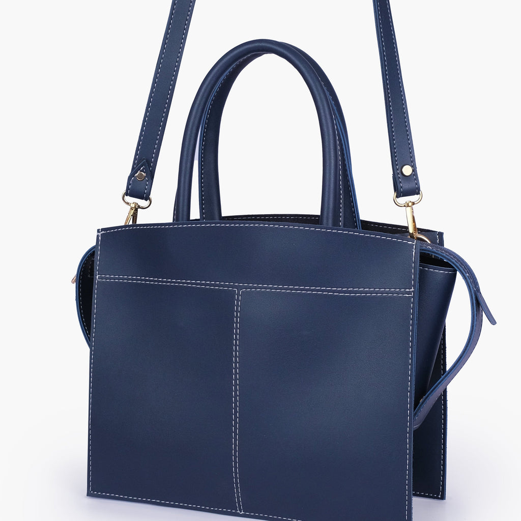 Blue trapeze top-handle bag