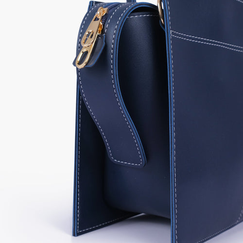Blue trapeze top-handle bag