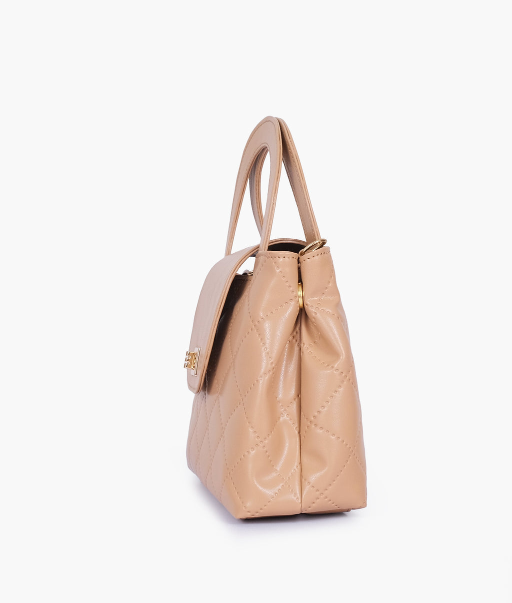 Beige flap quilted bag with top handle