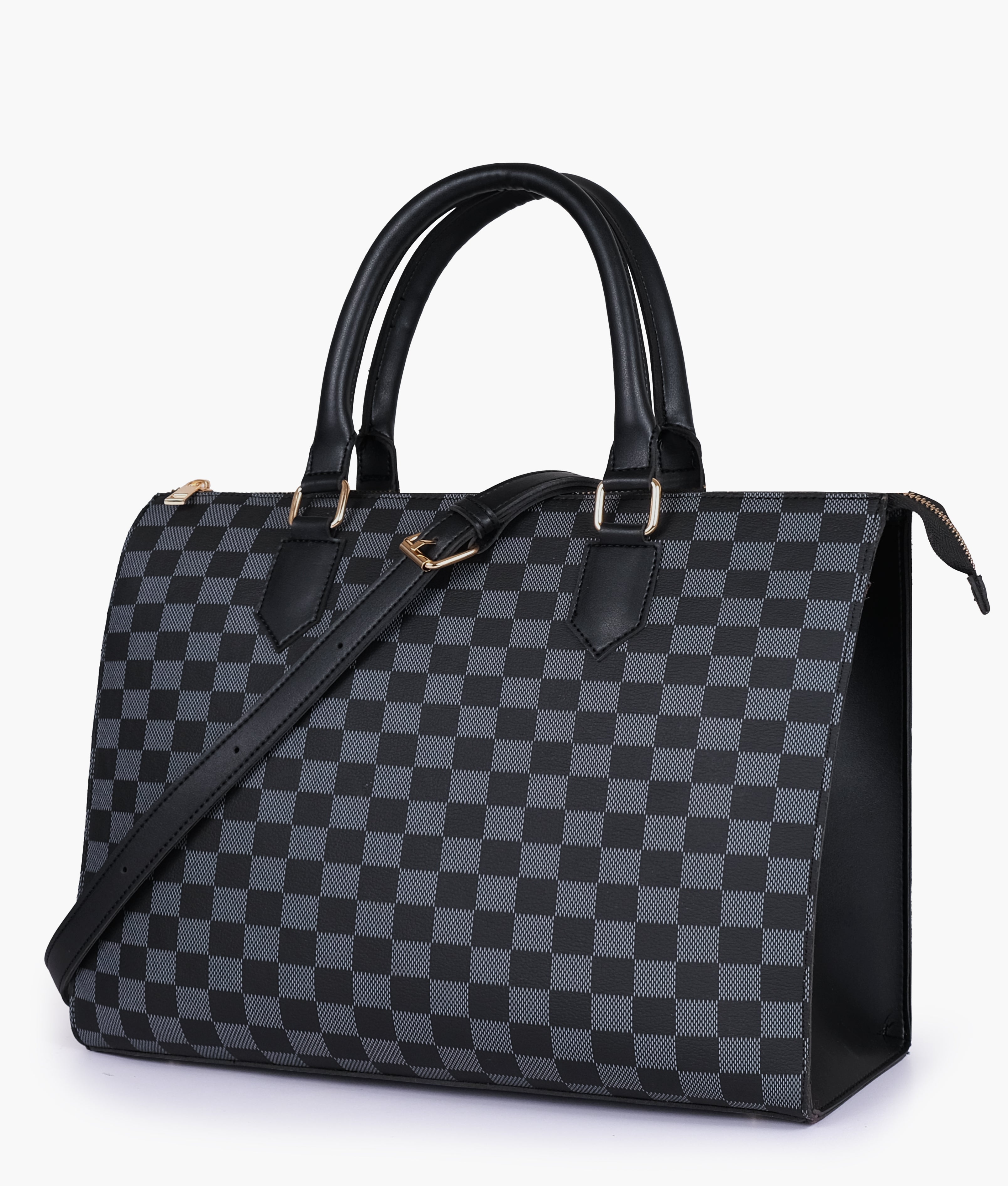 Black checkered on-the-go handbag