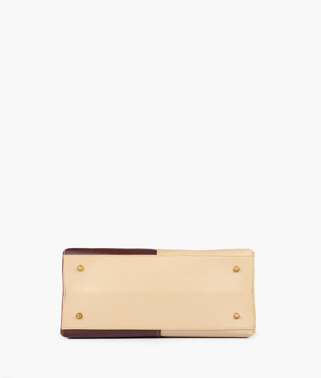 Beige and burgundy over the shoulder tote bag