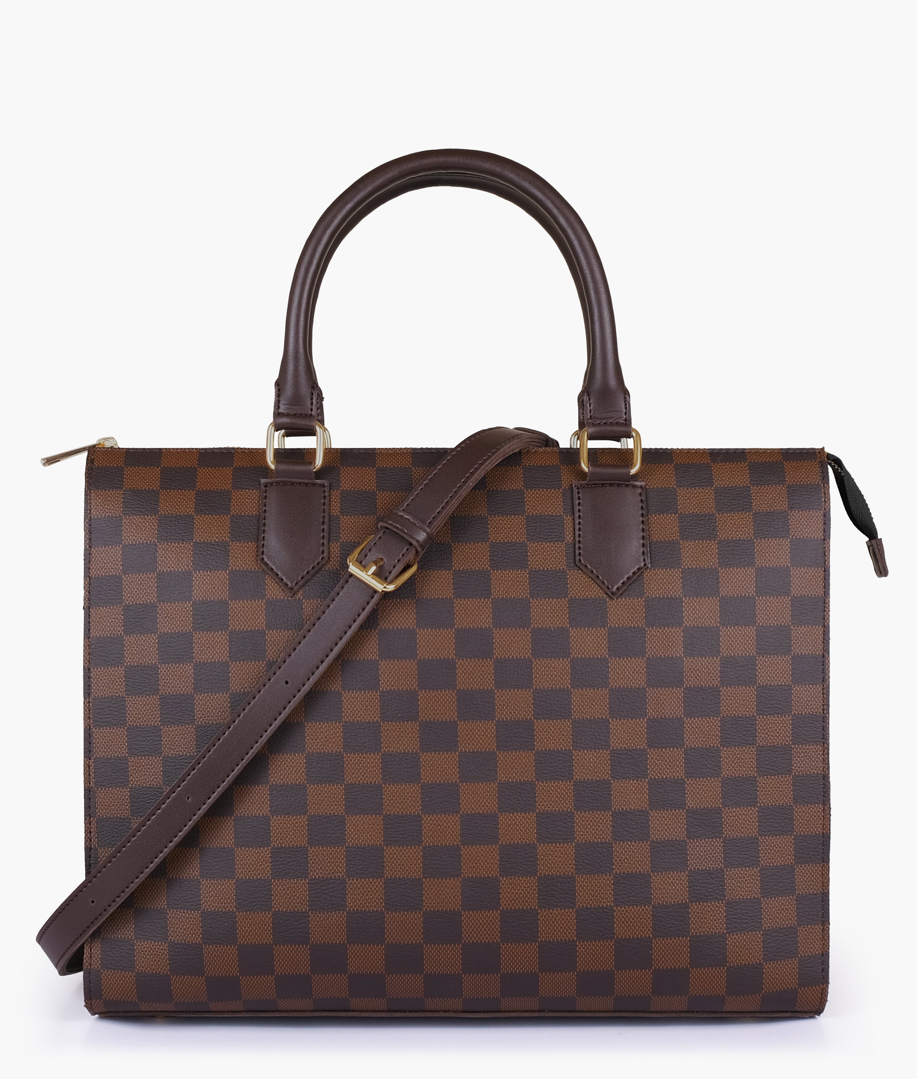 Dark brown checkered on-the-go handbag