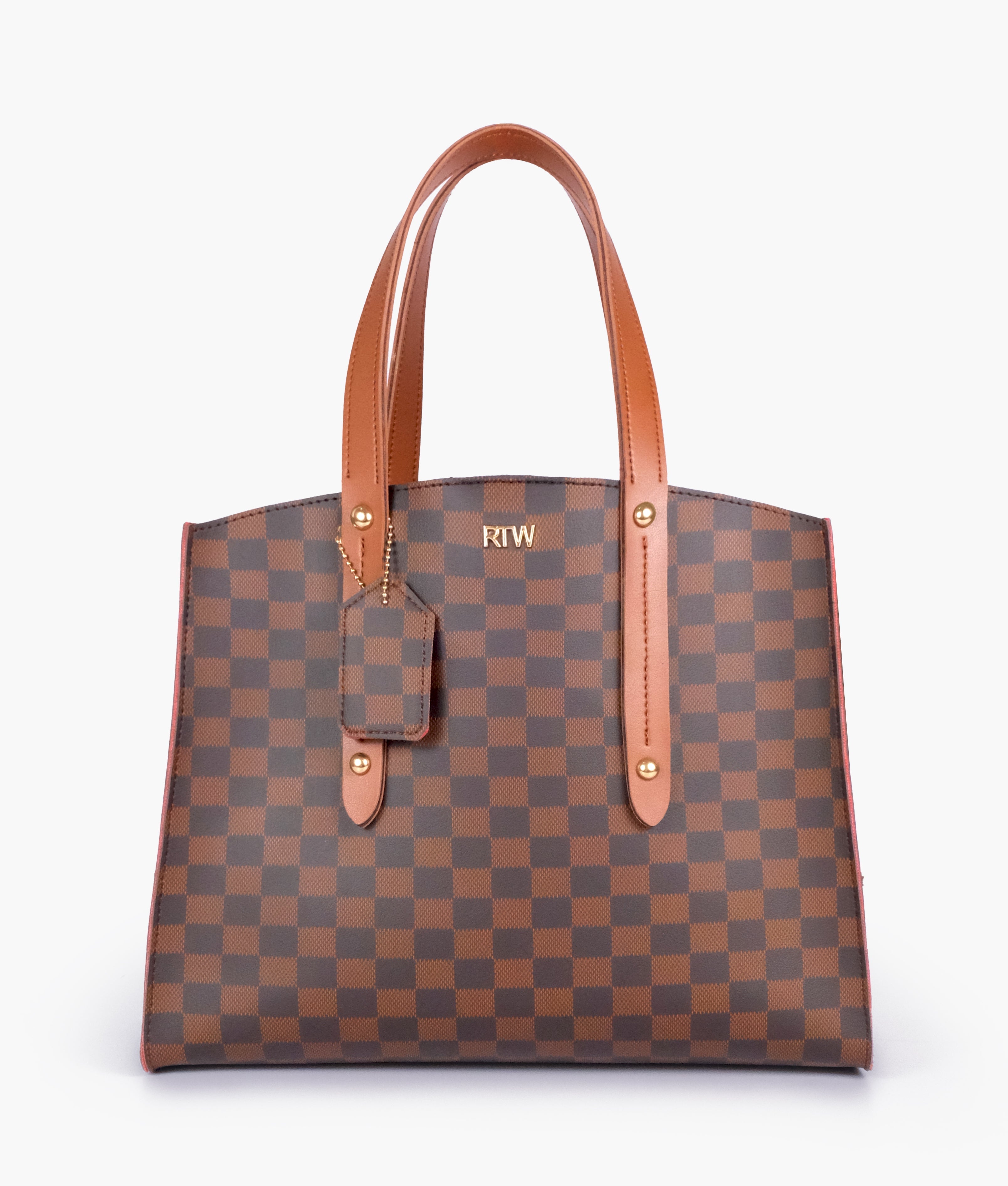 Dark brown checkered multi compartment satchel bag