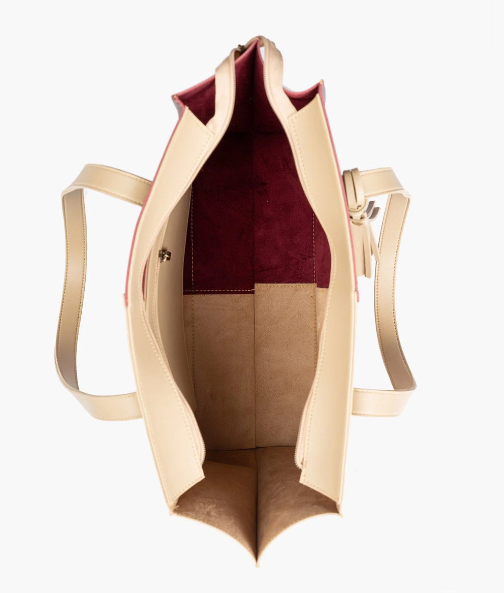 Beige and burgundy over the shoulder tote bag