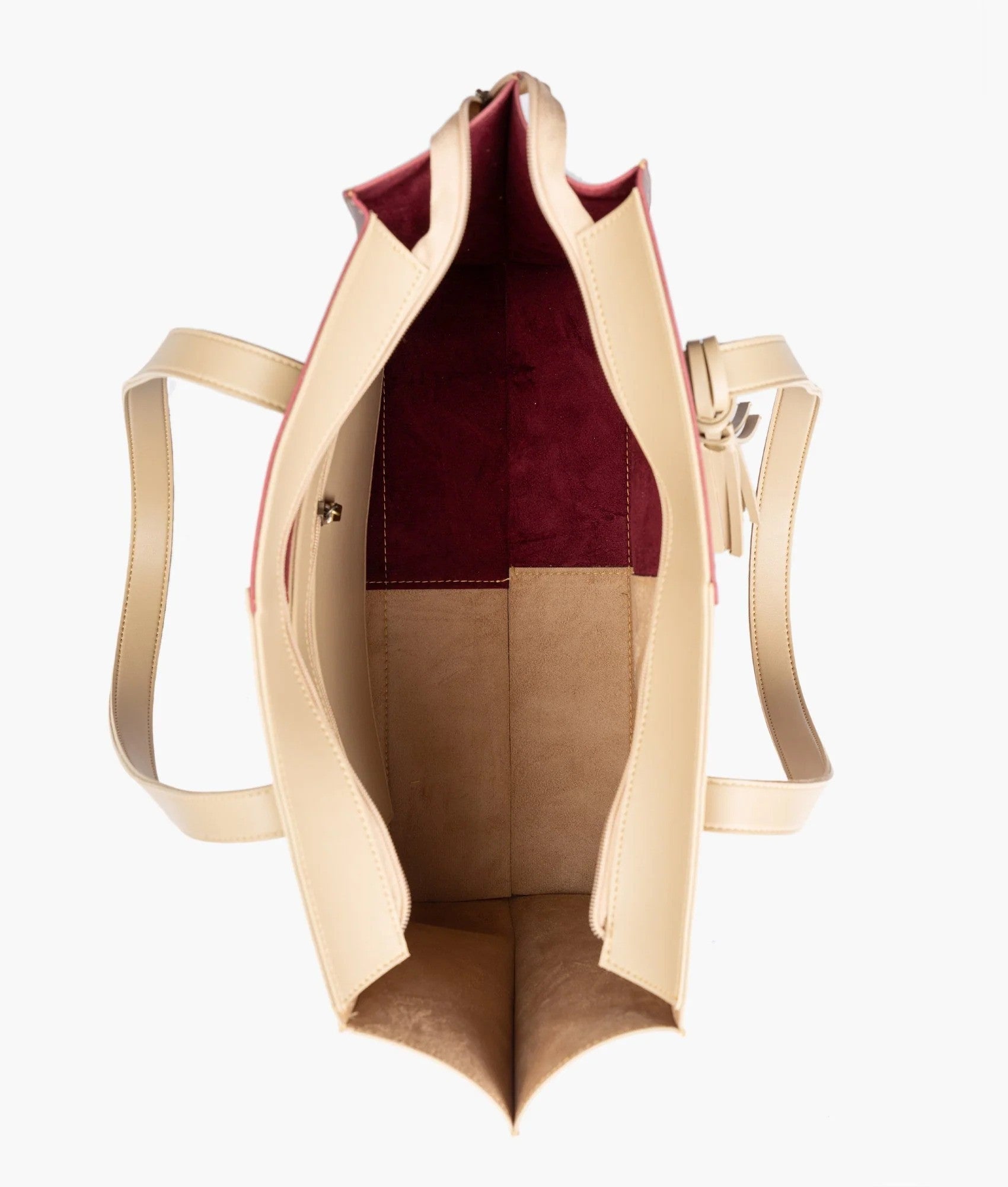 Beige and burgundy over the shoulder tote bag