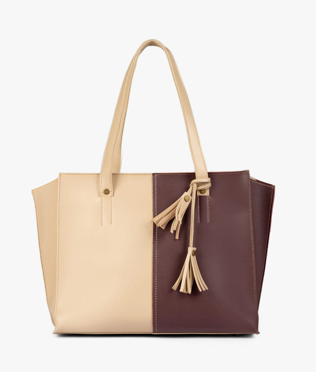 Beige and burgundy over the shoulder tote bag