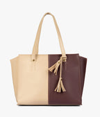 Beige and burgundy over the shoulder tote bag