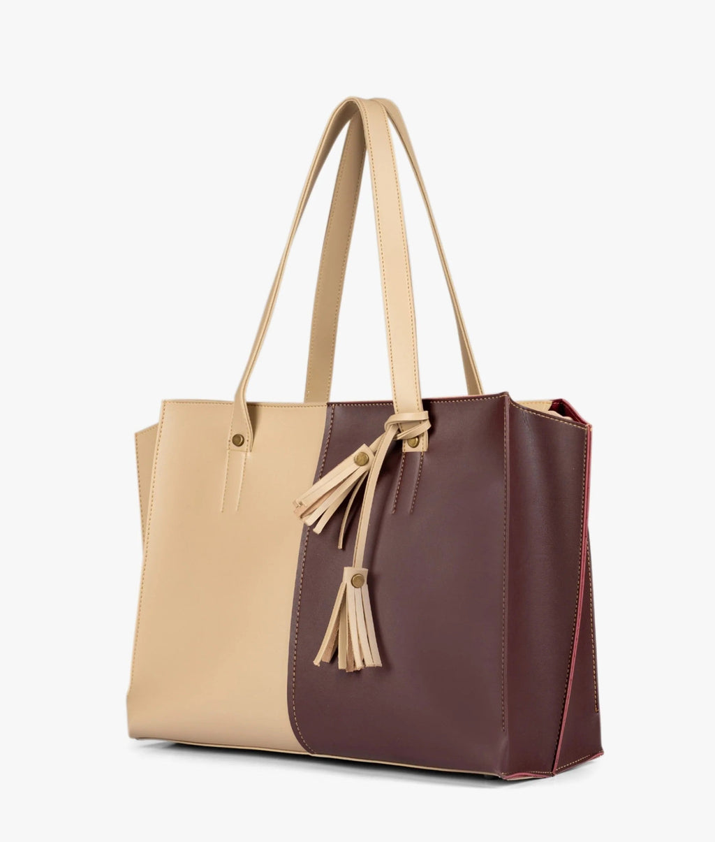 Beige and burgundy over the shoulder tote bag