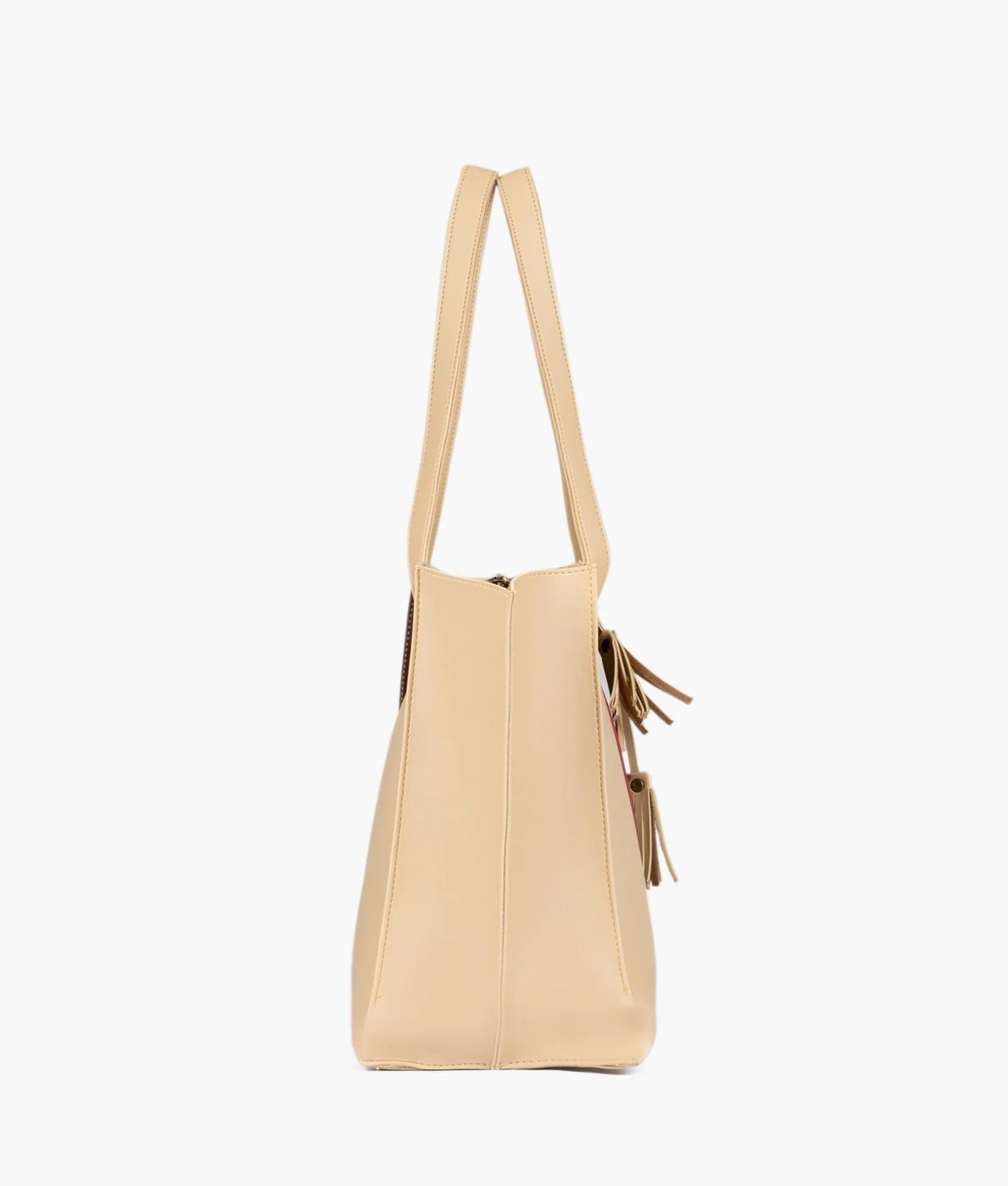 Beige and burgundy over the shoulder tote bag